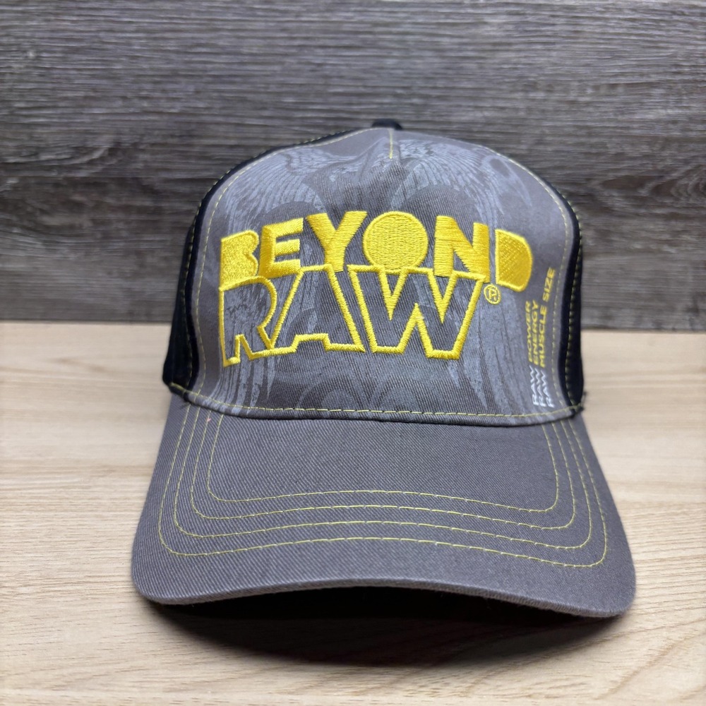 Beyond Raw Hat Cap Strap Back Gray Black Yellow Logo GNC Mens Baseball